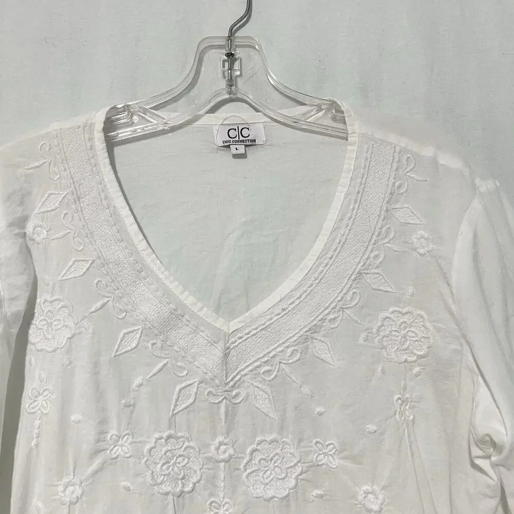 CHIC CONNECTION Women Tunic Top L Long Sleeve White Embroidered 100% Cotton